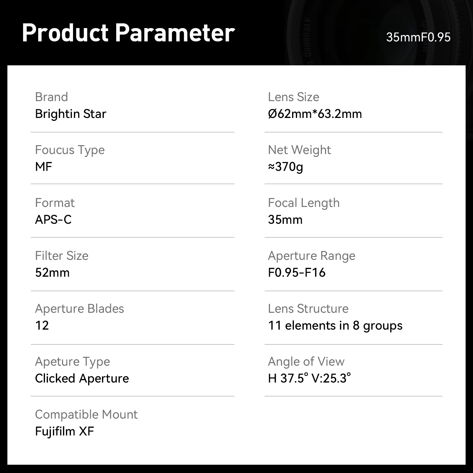 Brightin Star 35mm F0.95 Large Aperture APS-C Manual Focus Mirrorless Camera Lens for Sony E Nikon Z Fuji X for Canon RF EF-M 6