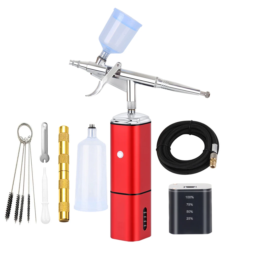 Cordless Airbrush,Mini Air Compressor Spray Gun Airbrush Kit with Cleaning  Tools for Paint Cake Barber Art Tattoo and Nail Design (Red)