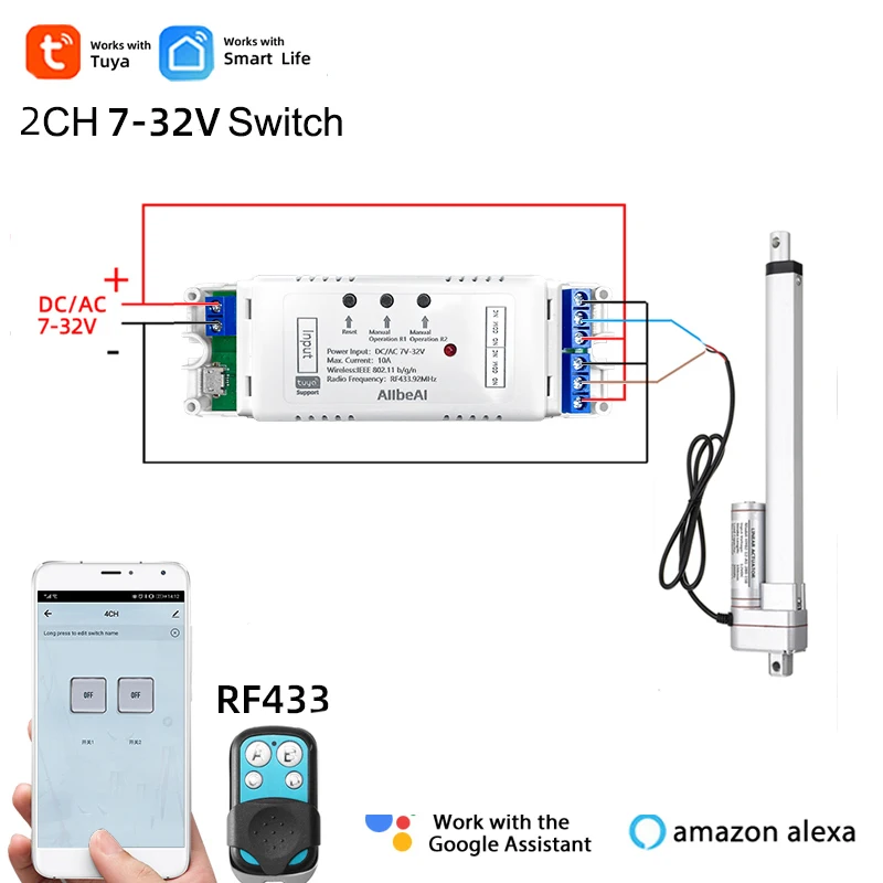 Tuya Smart Wifi Electric Linear Actuator Motor Controller DC AC 12V 24V 32V 2 Channel Switch RF433 Remote 2CH Pulse Module Relay