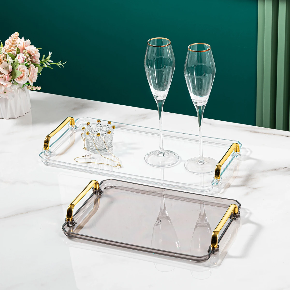 1pc Storage Tray, Household Rectangular Storage Rack, Transparent And Simple Storage Tray With Golden Handle, For Living Room, D 3