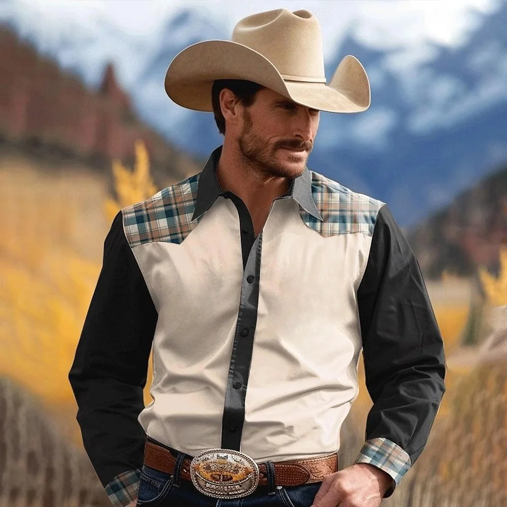 Men's Vintage Western Denim Long Sleeve Lapel Button Up Shirt