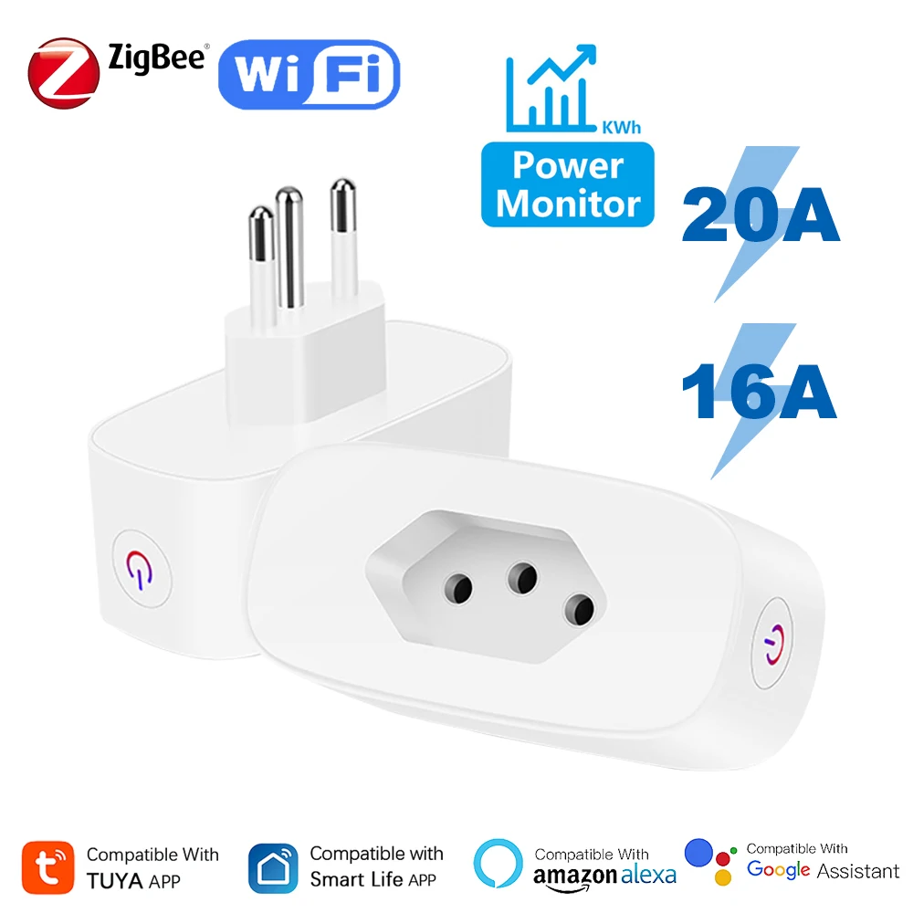 Tuya ปลั๊กบราซิล16A 20A wifi/zigbee พร้อมจอมอนิเตอร์ไฟฟ้าเต้ารับควบคุมรีโมทแอปอัจฉริยะรองรับ Alexa Google Home 1