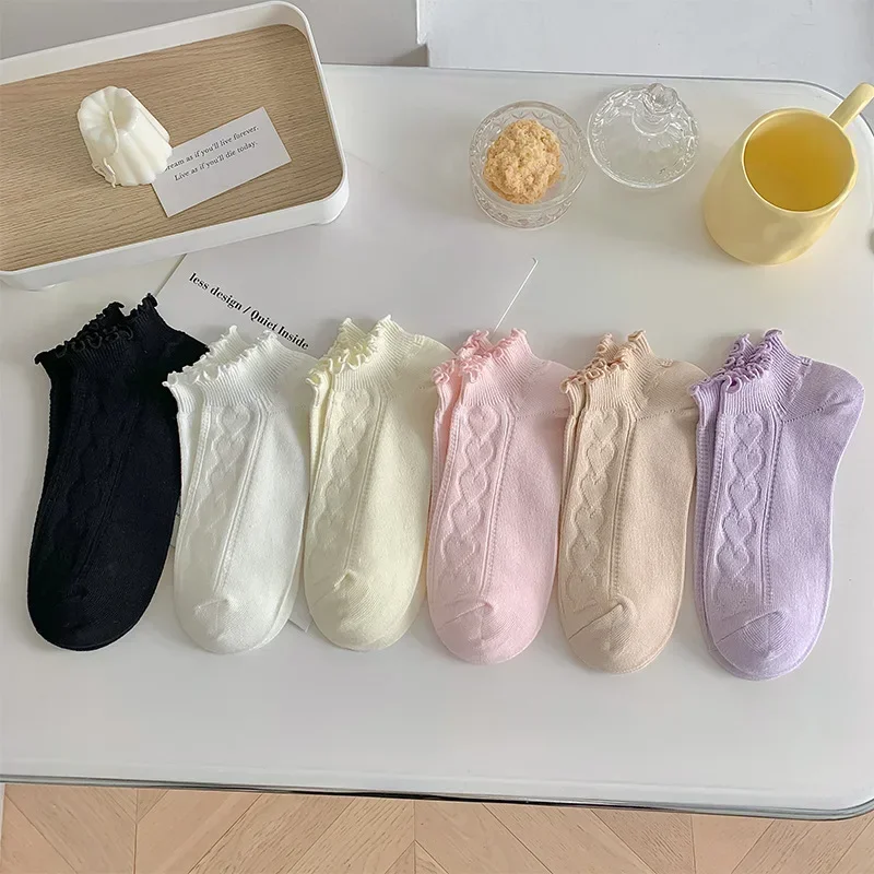

JK Lolita Sweet Girls Kawaii Cute Ruffle Socks Solid Color Women Short Socks Cotton Thin Breathable Low Cut Ankle Boat Socks Sox