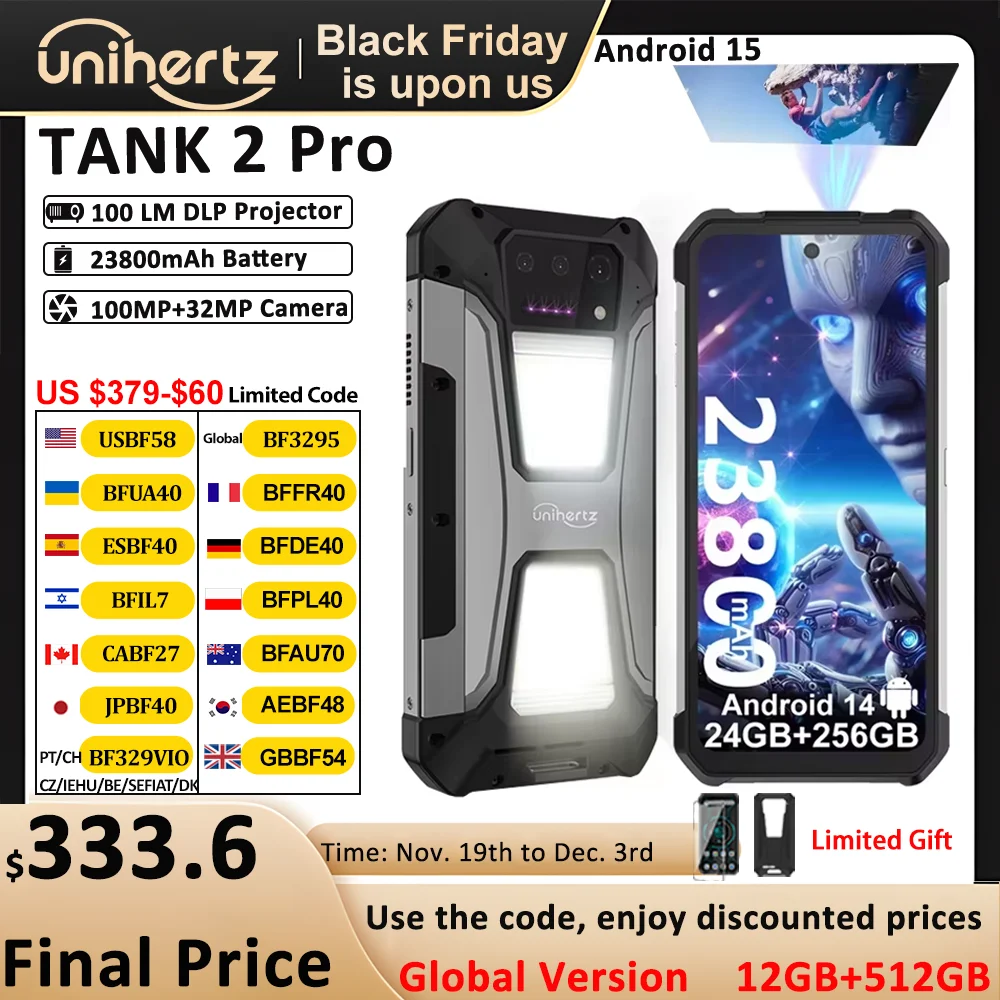Unihertz Tank 2 PRO 8849 Rugged phones with Projector 2.4K 23800 mAh 24GB+512GB Android 14 100MP NFC 120W G99 Octa Core Dual SIM