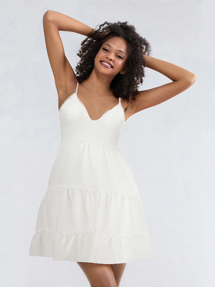 Boho Summer Spaghetti Strap Dress - Embroidered A-Line Backless Ruffled Sling Dress