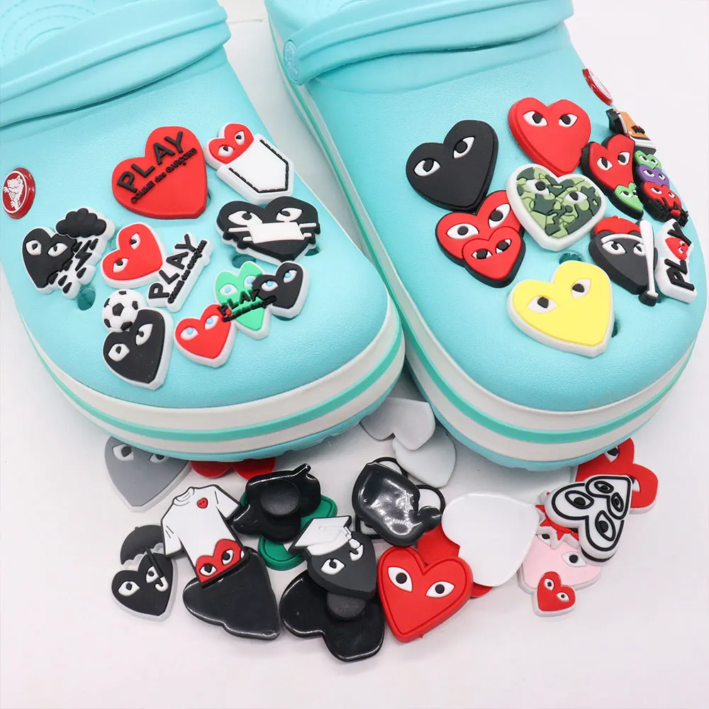 

Wholesale 50pcs PVC Shoe Charms Cartoon Red Big Eyes Heart Accessories DIY Shoe Ornament Fit Wristband Croc Jibz