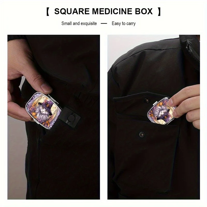 A Gorgeous Cat Wizard Medicine Kit - Mini 2-Grid Metal Medicine Organizer, Portable Travel Pocket Medicine Kit - Ideal Gift 4