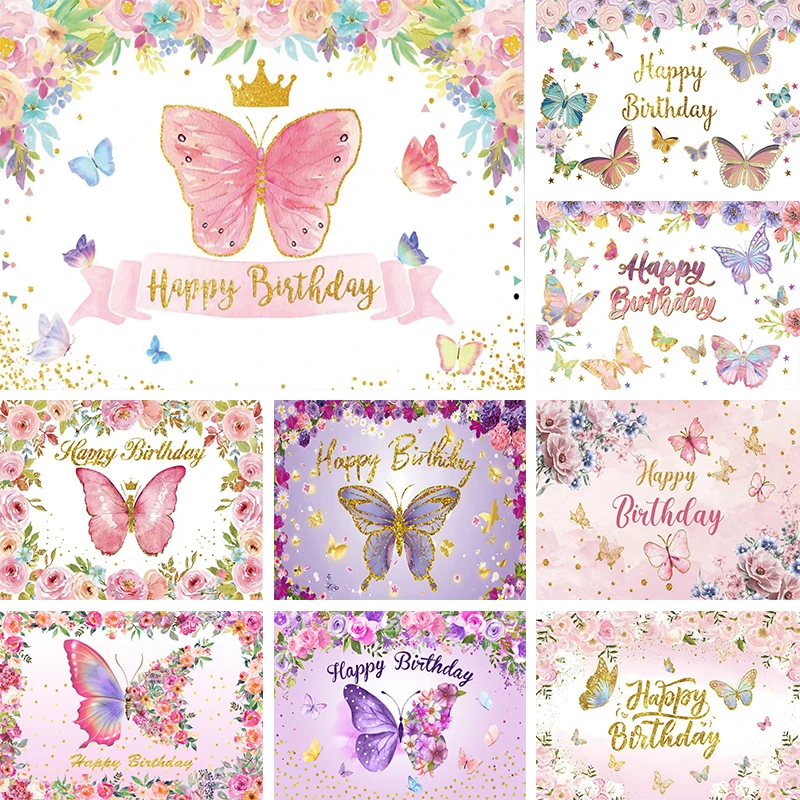

Butterfly Backdrop First Birthday Party Decoration Banner Spring Flowers Butterflies Photoshoot Background Newborn Photography