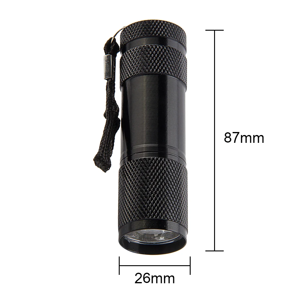 알루미늄 합금 미니 자외선 손전등, 미끄럼 방지, 9LED 질감 캠핑 조명, AAA 배터리 전원, 395nm 백라이트, 가정용, 2W