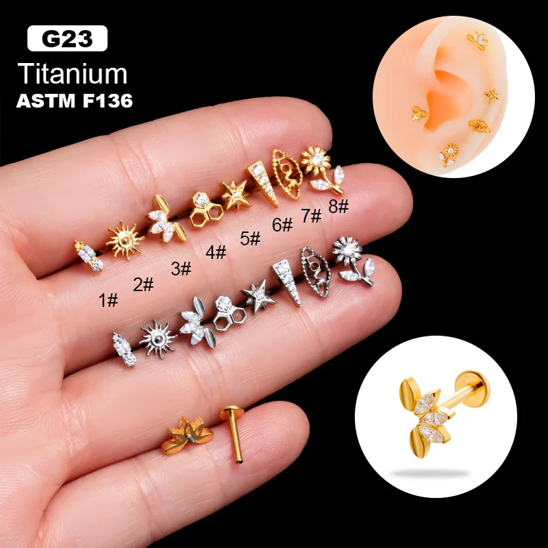 

1piece 2023 New G23 Titanium Inset Zircon Inner Tooth Screw Lip Nail Rod Ear Nail Fashion Cartilage Piercing Jewelry for Women