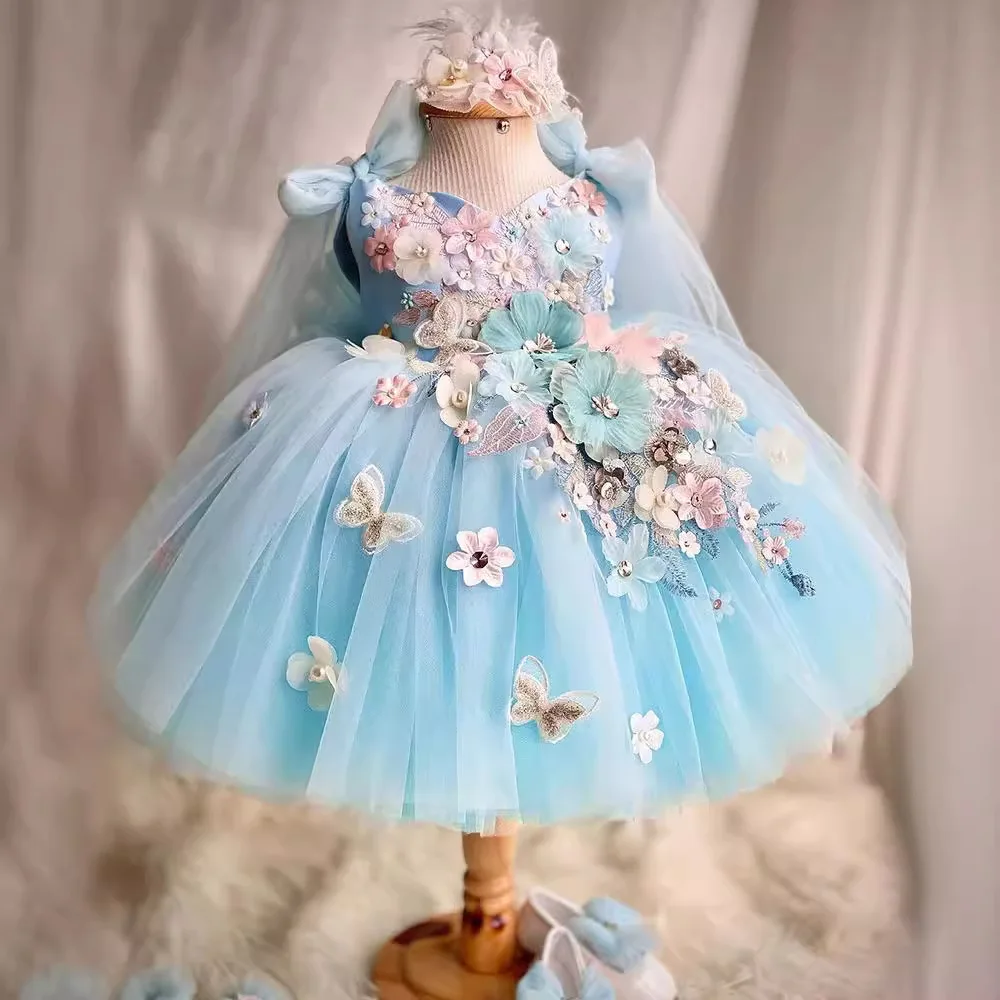 open lace back dress Blue Strapless Tulle Long Prom Dress, Beautiful Princess Dress with Bo main image 1