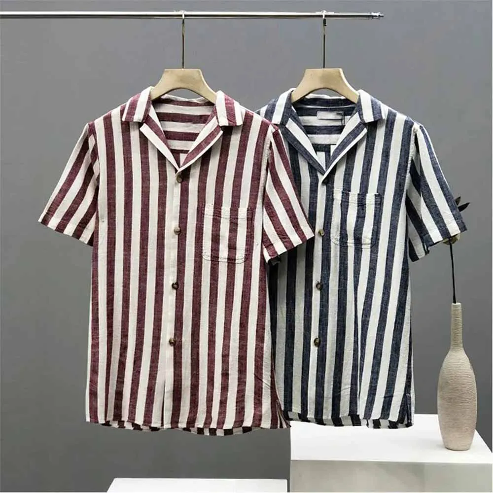 

Мужская Новинка 2024, модная повседневная Свободная рубашка в полоску с коротким рукавом, приталенная рубашка в стиле ретро, топ с коротким рукавом