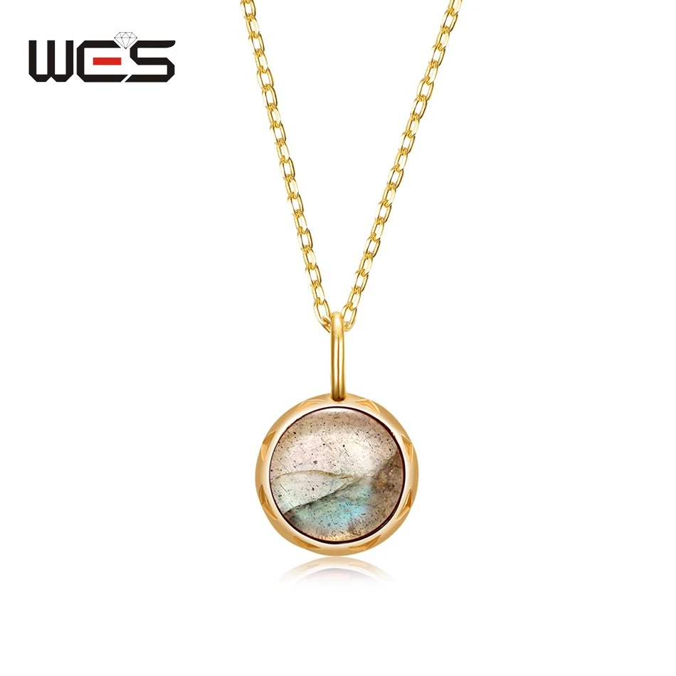 WES 925 Sterling Silver Single Stone Labradorite Pendant Necklace for Women Gold Plated Fine Jewelry Engagement Band
