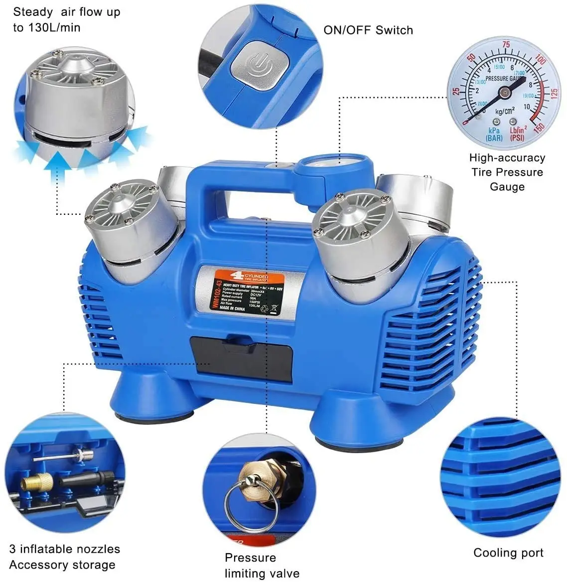 

10234 Powerful 4 Cylinder tire inflator,Heavy Duty 12V Portable ,Blue Air Pump,for Car, Truck, RV, ATV, Bus