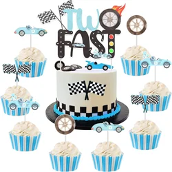 Blue Race Car Birthday Cake & Cupcake Toppers with Racing Flag Party Supplies (Blue)