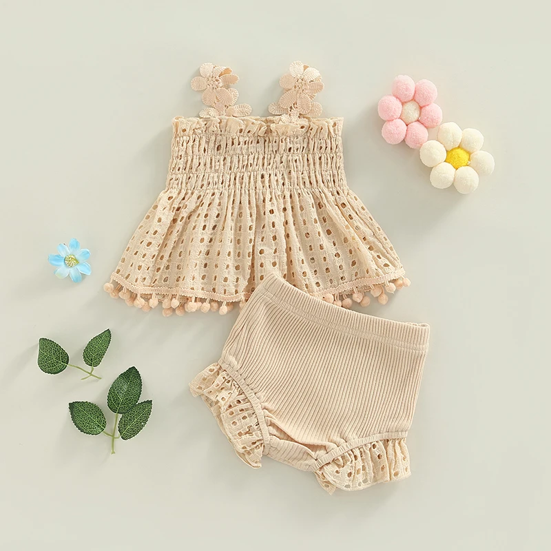 

Toddler Baby Girls Summer Outfit Solid Color Cutout Pleated Tank Tops and Stretch Casual Ruffle Shorts Children's Clothing Set