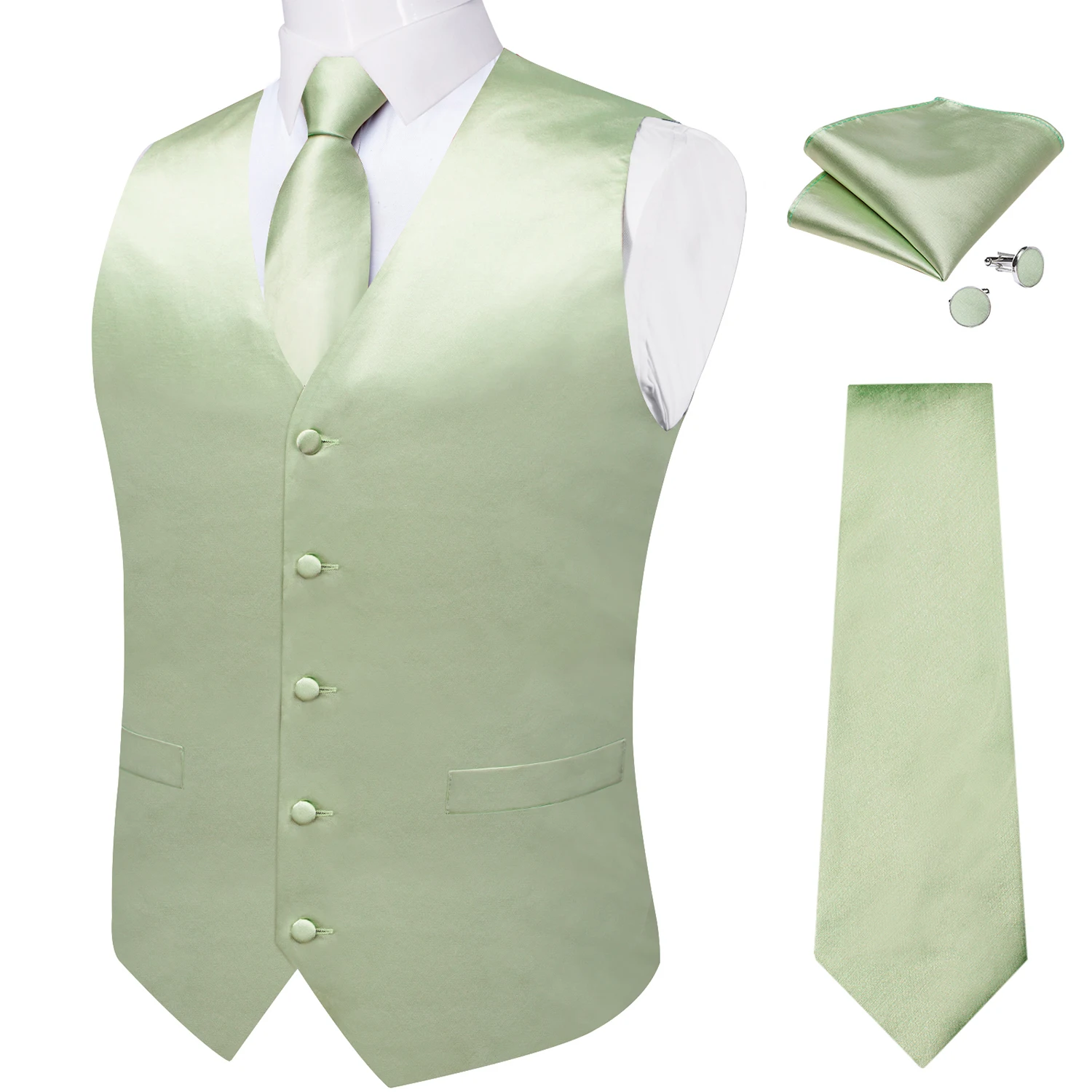 Sage Green Solid Silk Suit Vest for Men Tie Handkerchief Cufflinks ...
