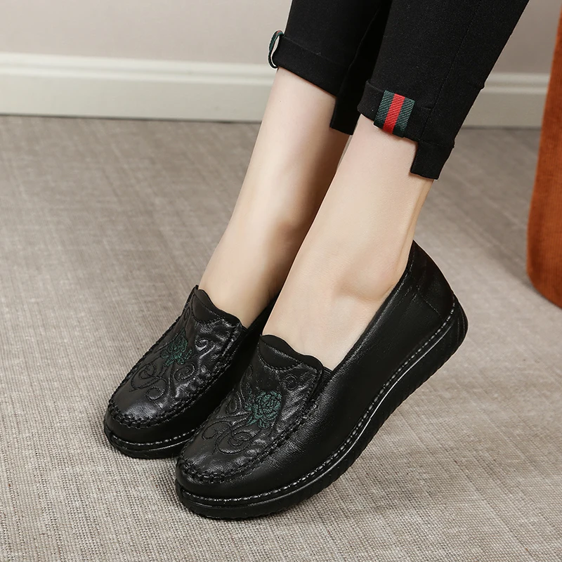 Vintage Scroll Embroidered Faux Leather Slip-On Loafers with Smooth Upper and Lightweight Design
