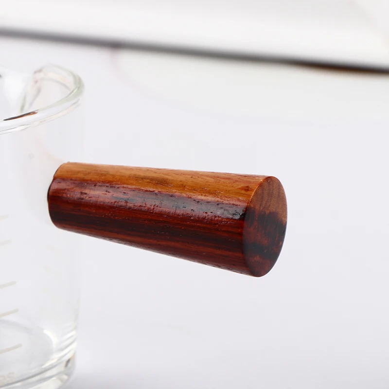 Description Picture 2 of itemMilk Cup Espresso Shot Glass With Scale Espresso Measuring Cups With Wooden Handle Double Spouts Measuring Triple Pitcher