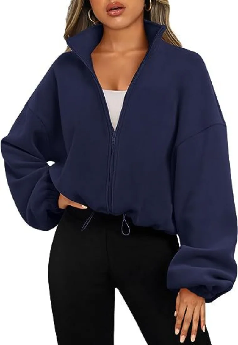 Women Zipped Up Oversized Sweatshirts Long Sleeve Drop Shoulder Fleece Hoodies Pullover Drawstring Streetwear Y2K Clothes 후드티