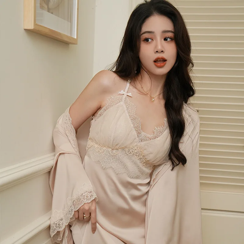 

Роскошный халат, комплект из 2 предметов, осенняя одежда для сна, Женская домашняя одежда, пеньюар, комплект, халат, Прозрачное кимоно, кружевная ночная рубашка