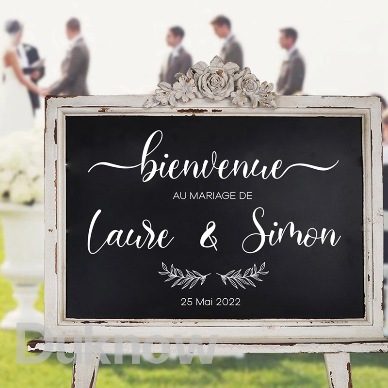 Description Picture 6 of itemFrench Style Wedding Board Sticker Custom Names Date Vinyl Decal Wedding Welcome Sign Mirror Vinyl Mural Romantic Marriage Decor