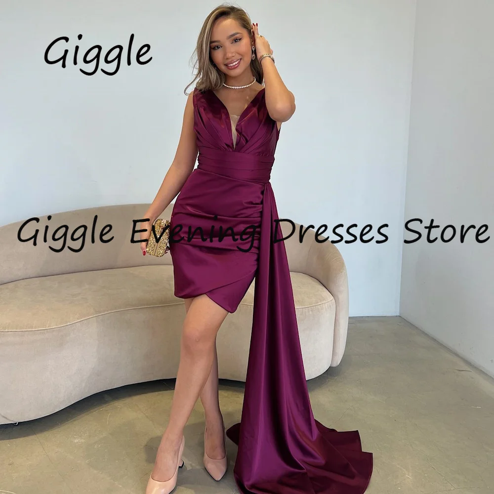 

Giggle Satin Mermaid V-neck Short Ruffle Formal Elegant Prom Gown Knee Length luxury Evening Party Dresses for Women 2023