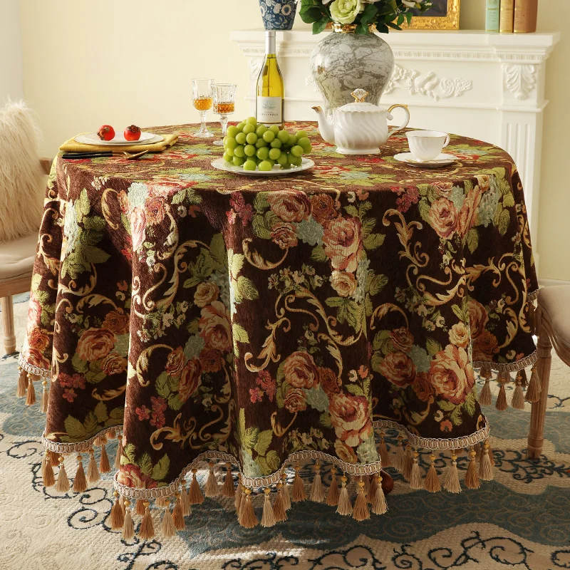 Tassel Tablecloth Round Chenille Dining Tables Cloth Home Decoration Jacquard Embroidery Flower European Coffee Table Cover - Image 2