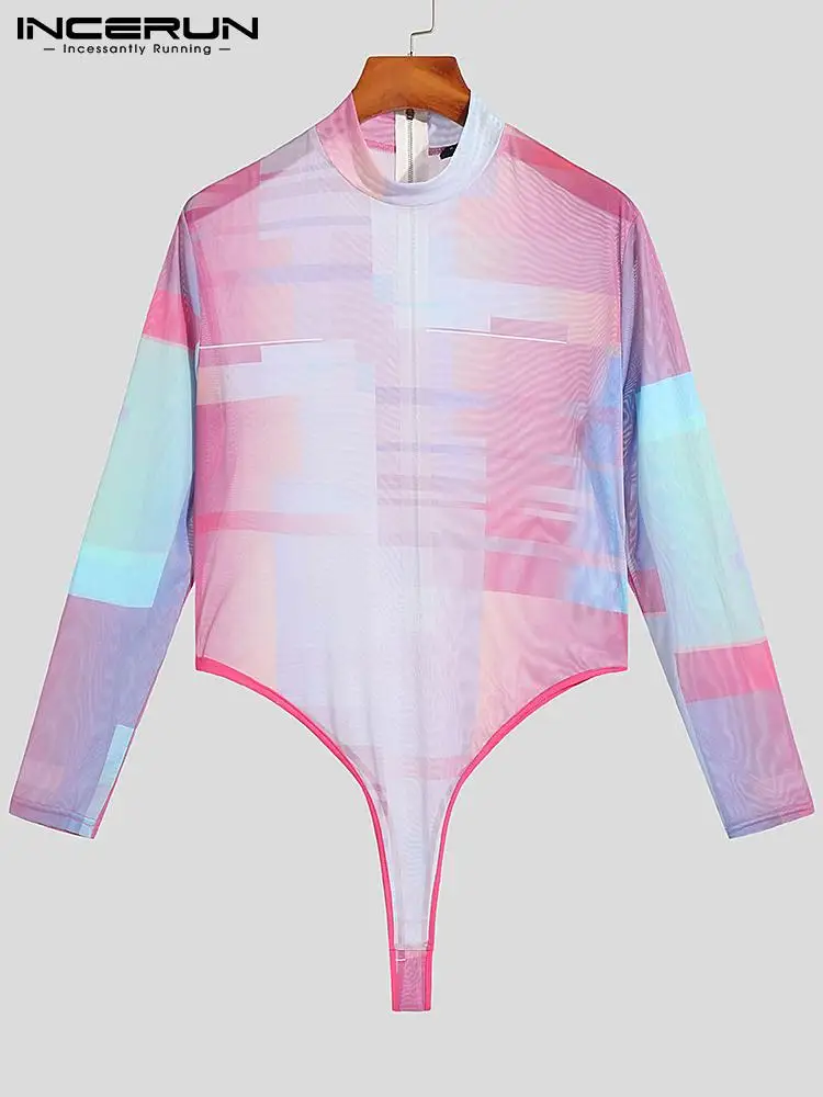 INCERUN American Style Men's Fashion Colorful Turtleneck Mesh Bodysuit Sexy Leisure Male Zipper Long-sleeved Jumpsuit S-5XL