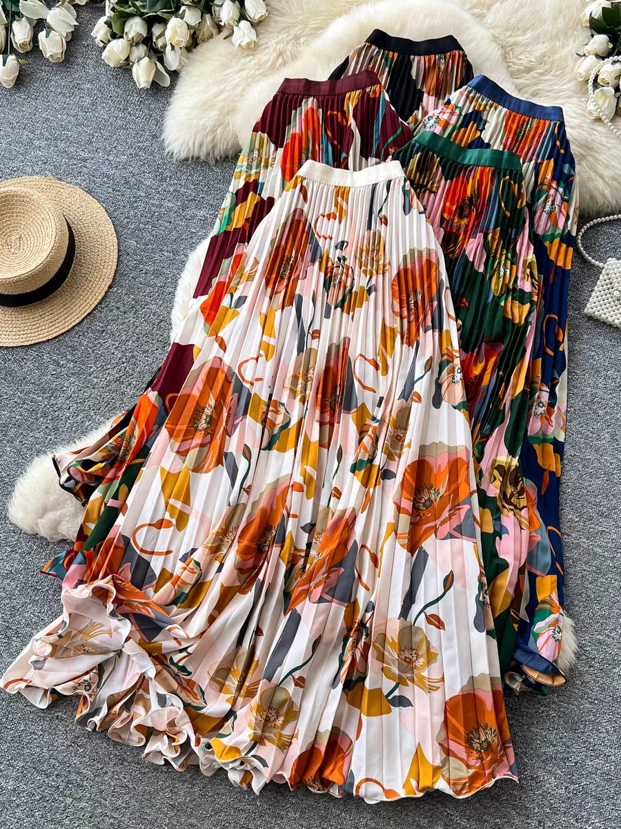 Vintage Floral Print Pleated Maxi Skirt for Tall Women, High Waist A-Line Flowy Draped Swing Hem, Commuter Vacation Elegant