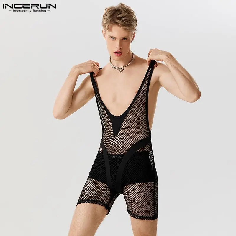 Casual Well Fitting Mens Homewear Fashionable V-neck See-through Mesh Jumpsuit Sexy Stylish Thin Sleeveless Bodysuits S-5XL 2023