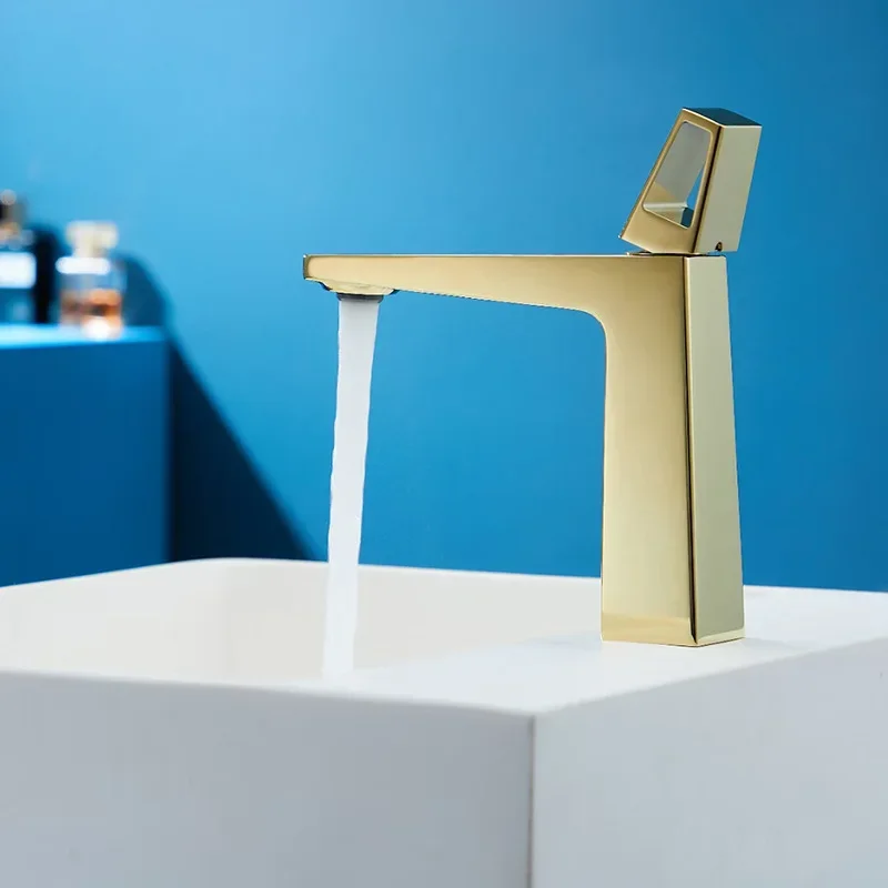 Basin Faucet Brushed Gold Bathroom faucet Sink Tap Grey Square Brass Bathroom Sink New Hot And Water