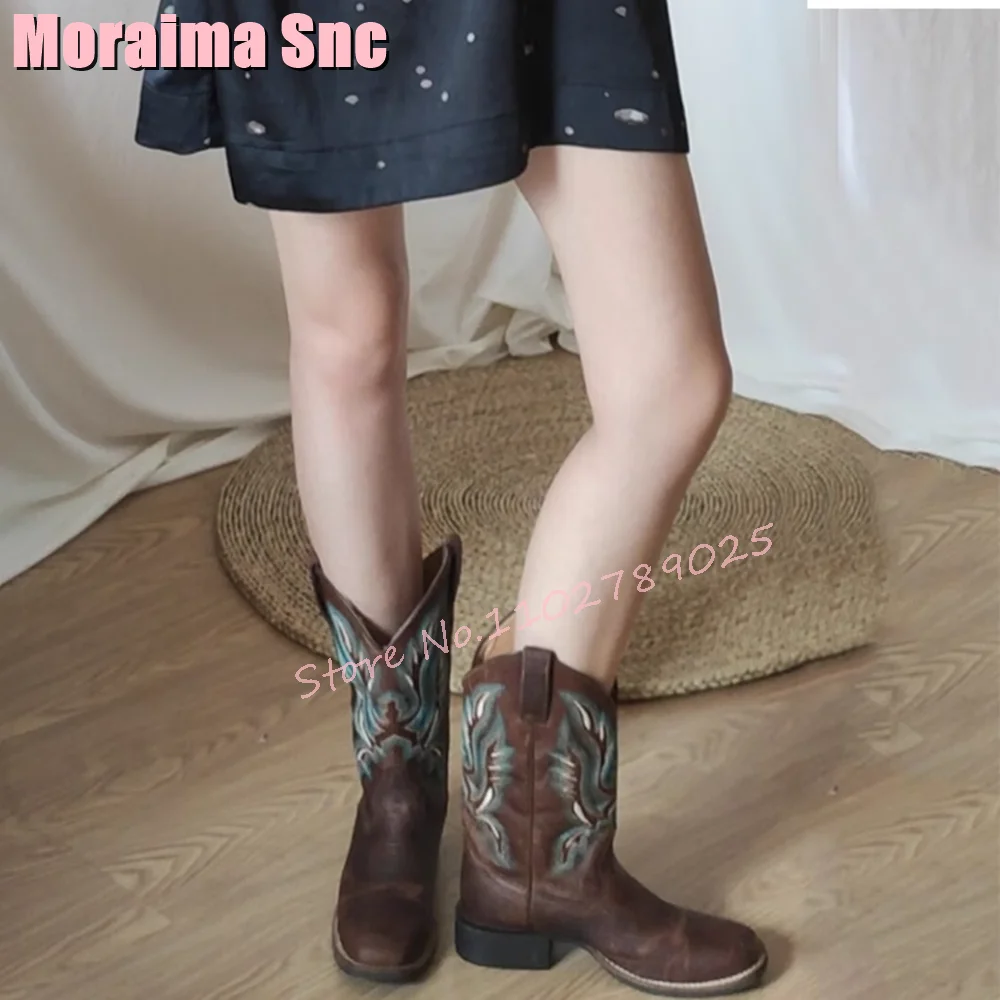 Vintage Embroidery Western Boots Block Mid Heel Slip On Fashion Brown Square Toe Women Mid-Calf Boots Autumn Winter Newest 2023