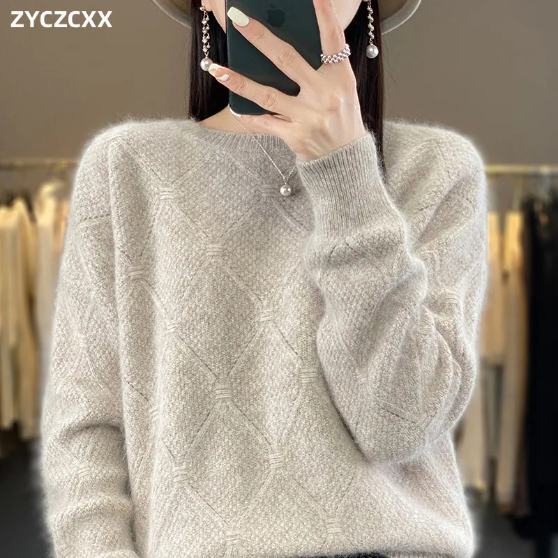 

ZYCZCXX 100% Mink Cashmere Women's O Neck sweater Thickened Warm Jumper 2023 Autumn/Winter New Fashion Solid Color Sweater Women
