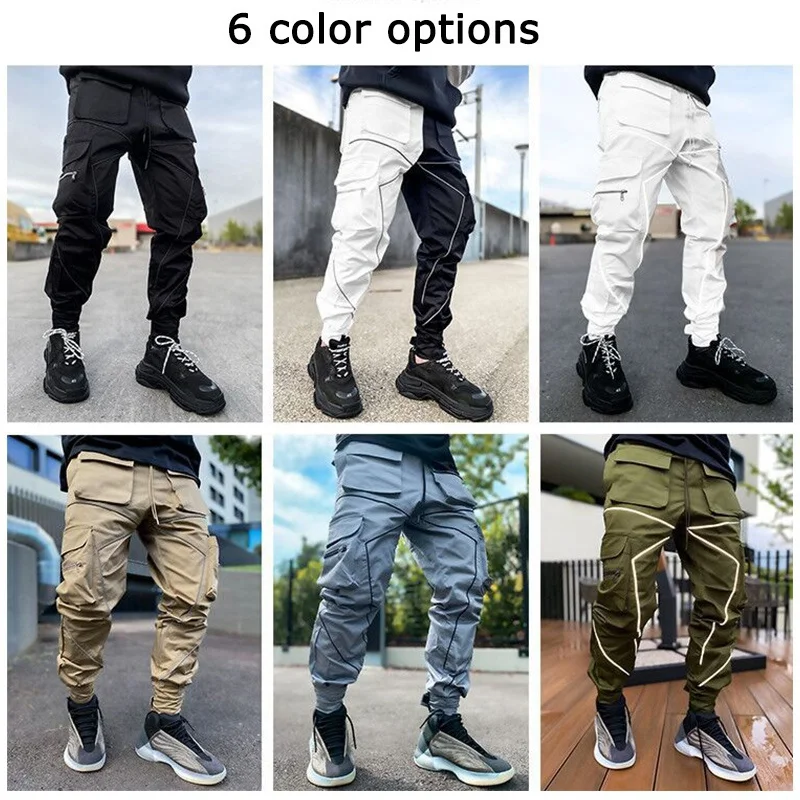 cargo jeans Autumn Men Pants Multi-pockets Harem Overalls Reflective Stripe Cargo Pants All-Match Casual Fashion Sports Male Trousers tactical cargo pants