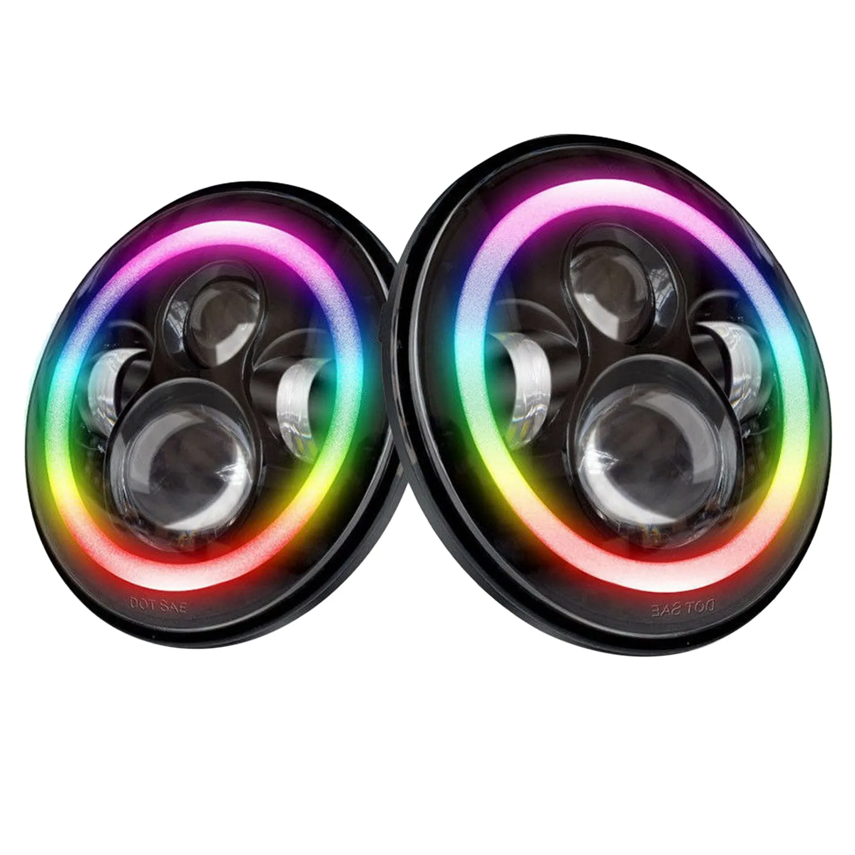 

7-дюймовые дневные фары RGB Halo Кольцо ангельские глаза круглые многоцветные DRL Bluetooth пульт дистанционного управления для Jeep Wrangler JK TJ