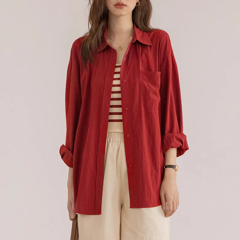 

Fashion Long Sleeve Blouse Spring/Summer Loose Turn Down Collar Tops Casual Pleated Sunscreen Shirt Blusas Mujer De Moda 27853