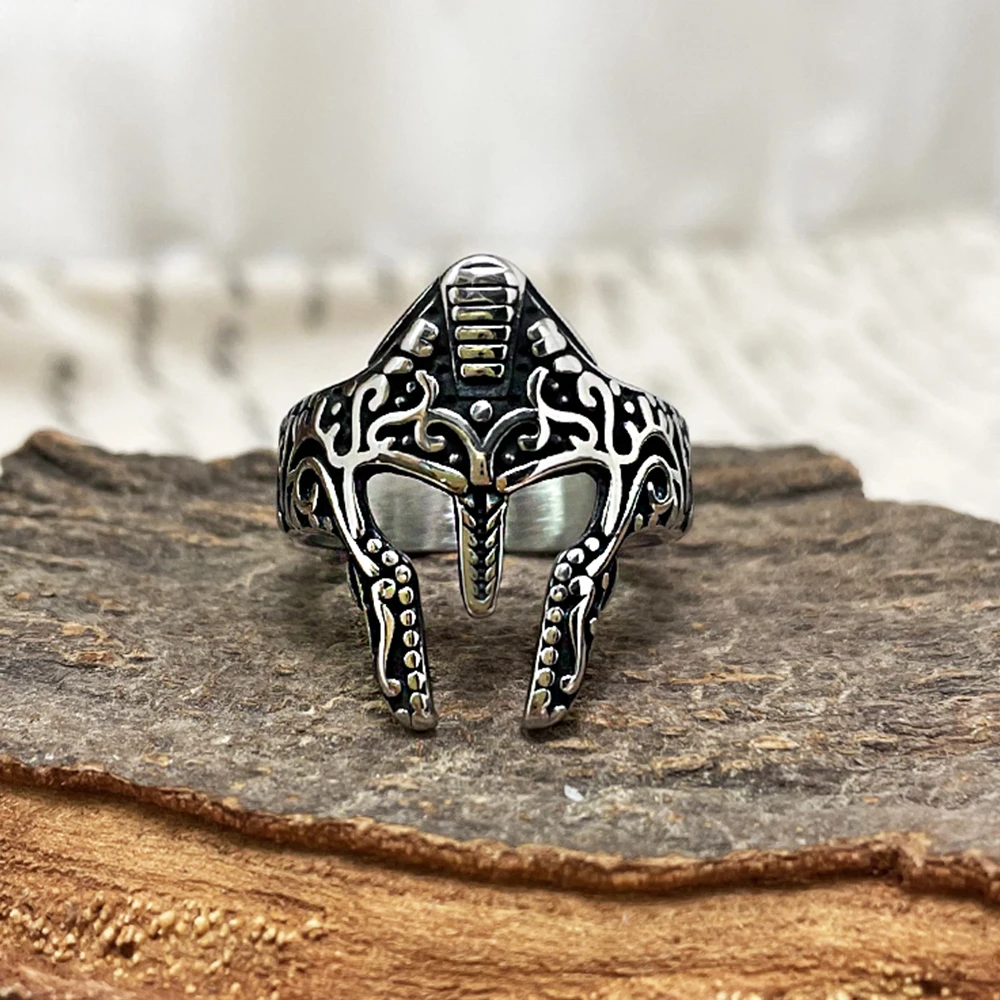 Norse Vikings Warrior Helmet Rings Men Retro Knight Finger Ring Stainless Steel Amulet Punk Scandinavian Jewelry