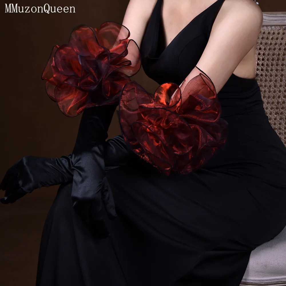 MMQ Black Satin Over-The-Elbow Gloves Red Wine Red Flowers Embellish Ball Accessories Bridal Gloves With Fingers