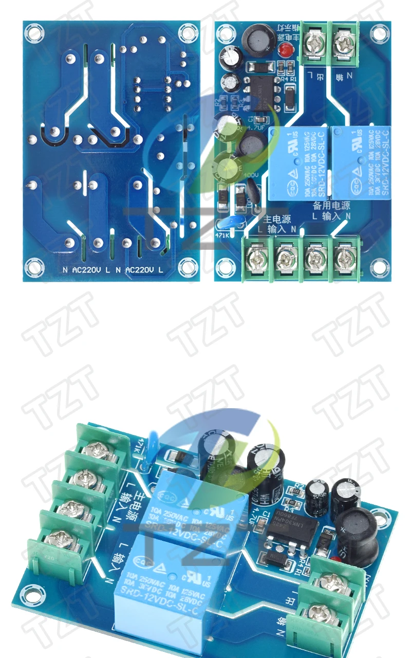 220 V 10 A 2-Kanal-Automatik-Netzschaltermodul mit zwei Eingängen, Power-Off-Umschalter, Transferplatine, Notstromversorgung – Detail 5