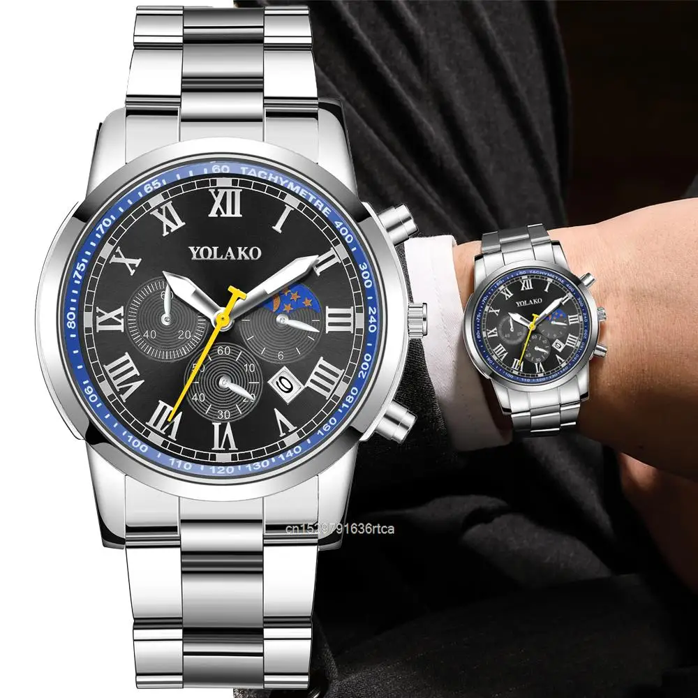 Business Branded Men Quartz Watches Three Eyes Calendar Yellow Pointer Designing Watch Leisure Alloy Metals Strap Gifts Table