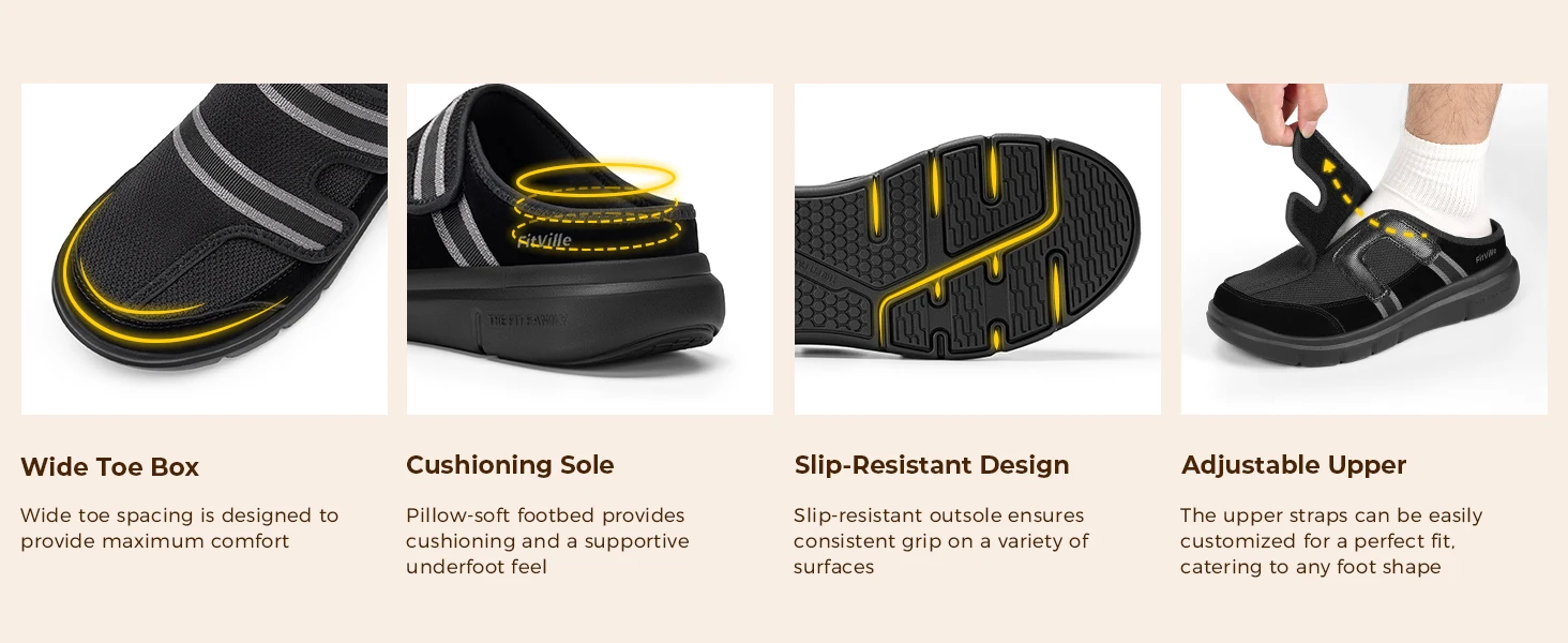 Fitville Herren-Diabetiker-Sandalen mit breiter Zehenbox, weiche, atmungsaktive Hausschuhe, modische Slipper, Clogs, Flip-Flops für Fasziitis – Detail 5