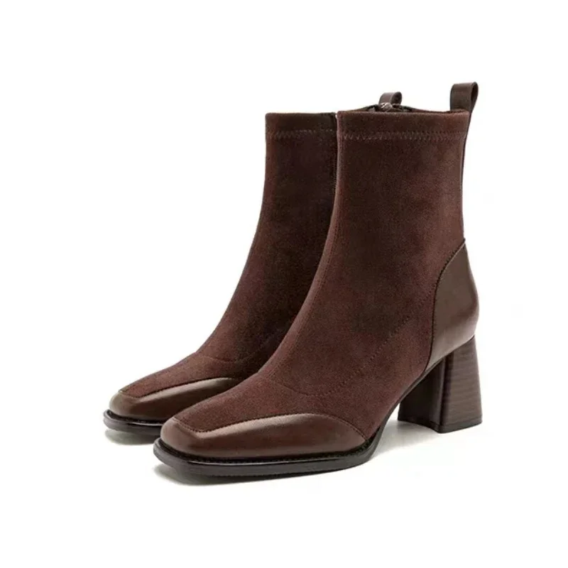 2023 Ladies Shoes  Square Toe Solid  Women's Boots Trend Outdoor Short Tube Boots Square Heel Zippered High Heels Shoes