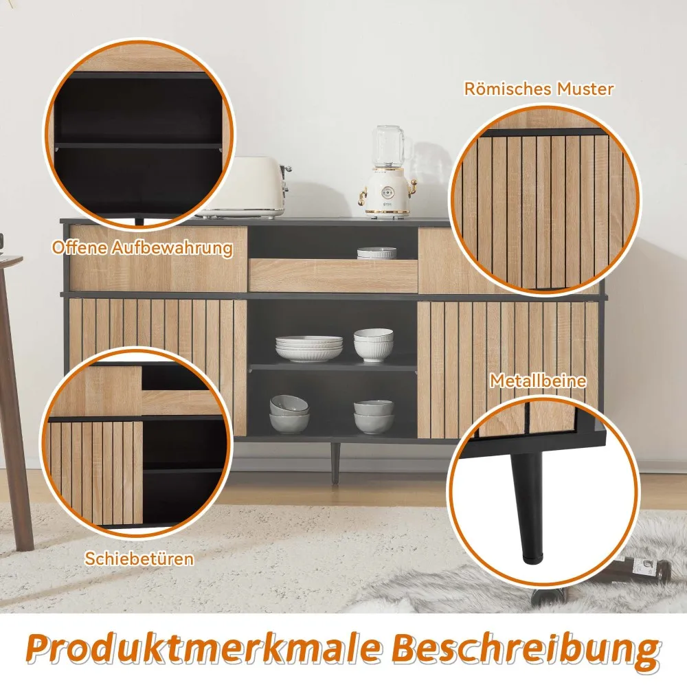 Eiche kombiniert mit schwarzer Kommode, 4 Schiebetüren, 1 Schublade, 160 cm Breite, 40 cm Tiefe, 80 cm Höhe, moderner Aufbewahrungsschrank – Detail 19