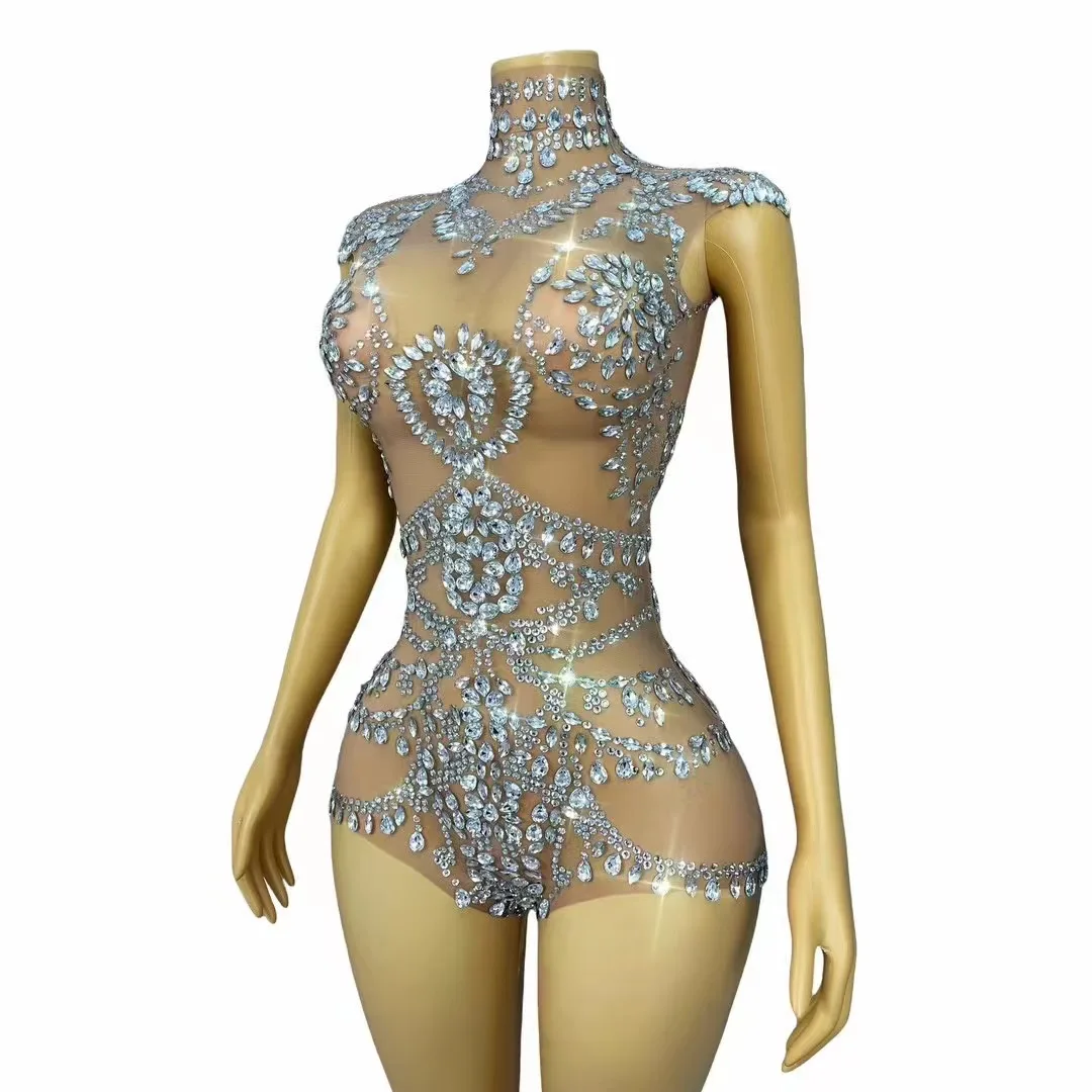 Sexy Luxury Blingbling Silver Rhinestones Leotard Transparent Mesh Stretch Costume Club Party Dance Perform Photoshoot Bodysuit