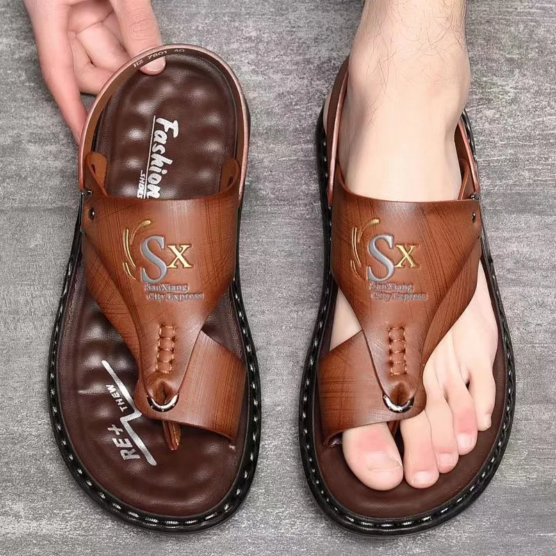 Herr lädersandaler för sommar strand flip-flops casual_voghion.com
