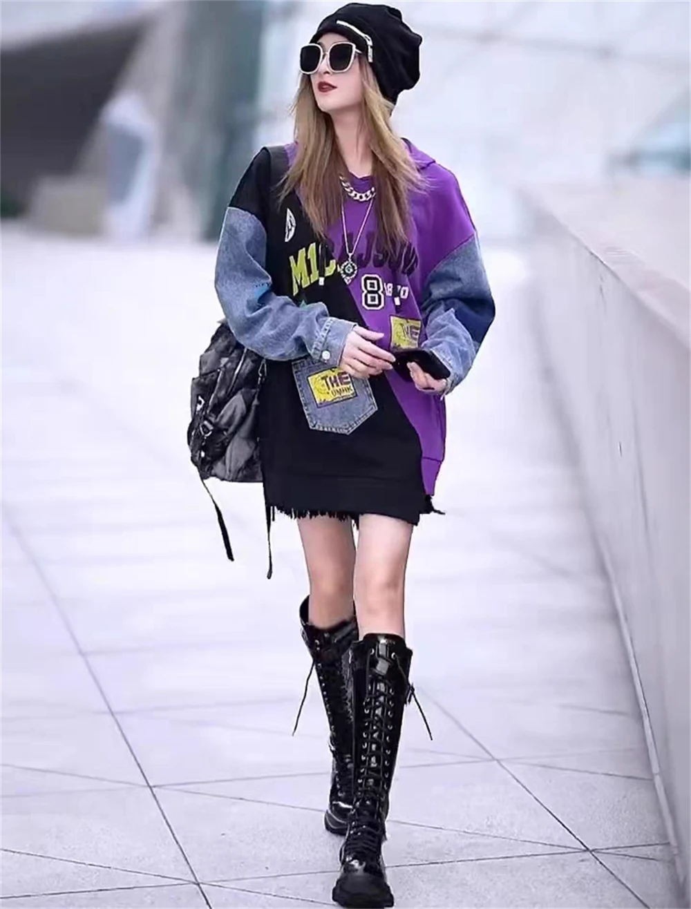 European New Design Sense Wash Denim Splice Spring and Autumn Mid length Loose Hooded Sweater Women's Trend