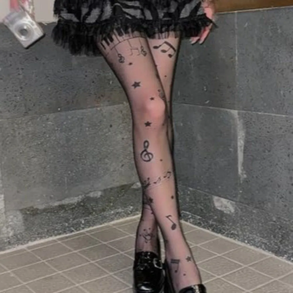 Fashion Ultra-Thin Patterned Stockings Stretchy Fabric Symbol Print Pantyhose JK Style Piano Tights Club Party