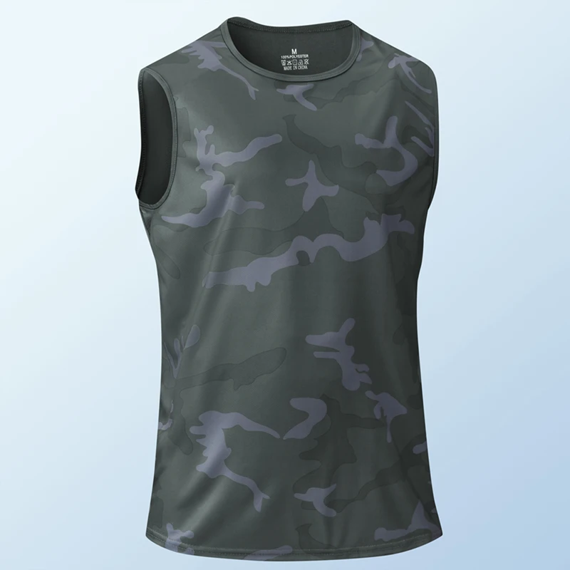 Canotta mimetica da uomo senza maniche girocollo in seta ghiaccio, gilet sportivo da uomo per tutti i giorni, fitness, moda, traspirante, t-shirt a maniche corte - immagine 3
