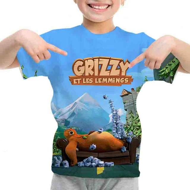 Camiseta Grizzy e Lemmings Infantil Camisa Juvenil Personagens Desenho Kids  Azul Crianças Festa Presente